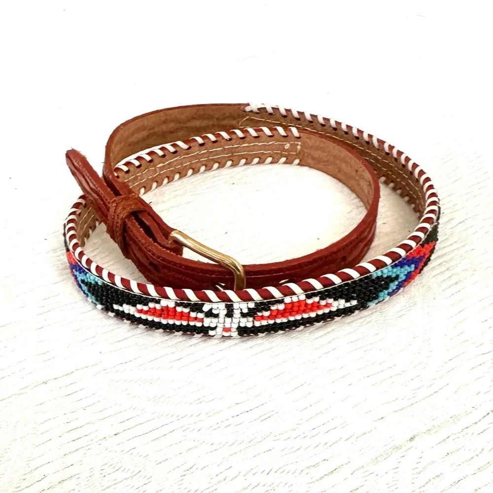 Vintage Brown Leather Belt with Multicolor Beadwork